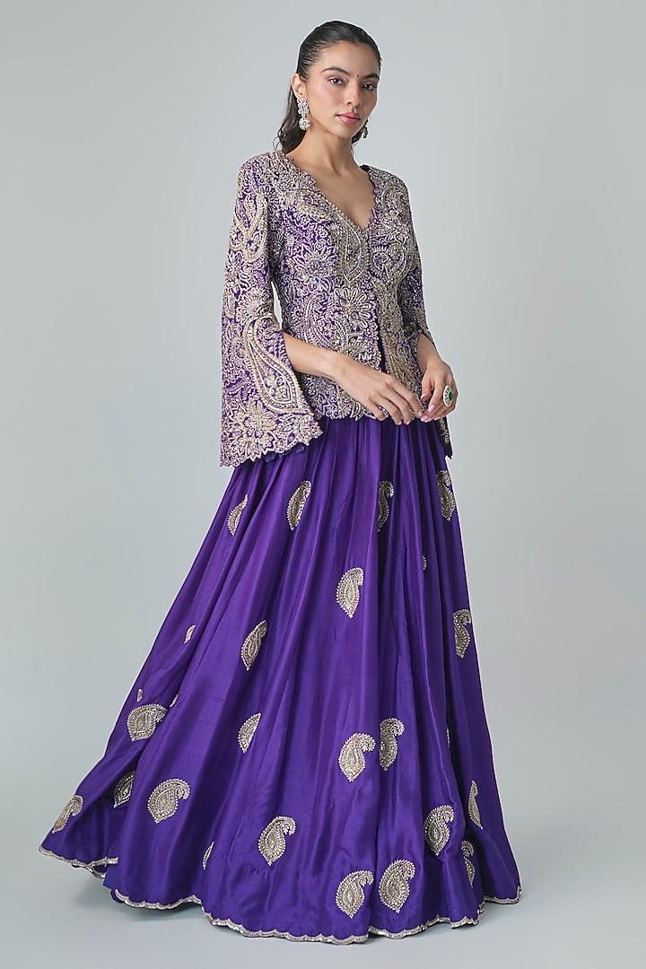 Purple Raw Silk Zardosi Embroidered Bridal Lehenga Set by Mrunalini Rao at Pernia's Pop Up Shop