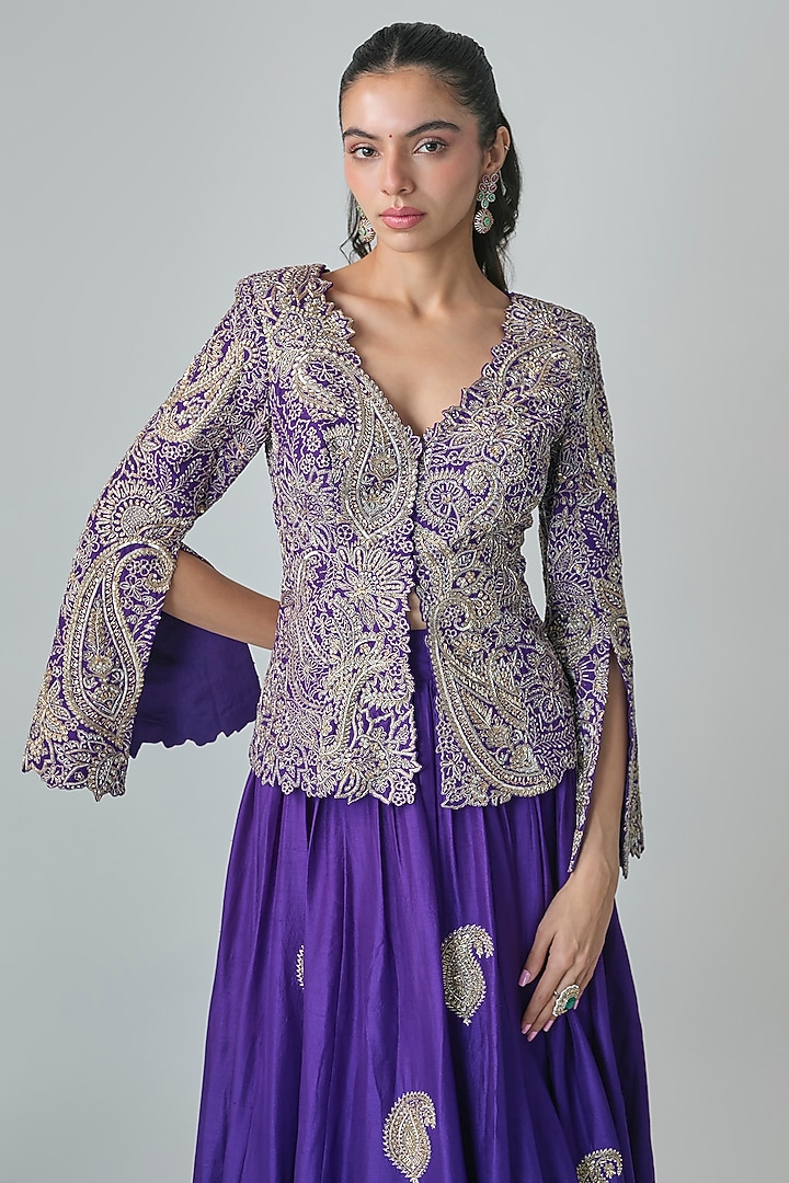 Purple Raw Silk Zardosi Embroidered Bridal Lehenga Set by Mrunalini Rao at Pernia's Pop Up Shop