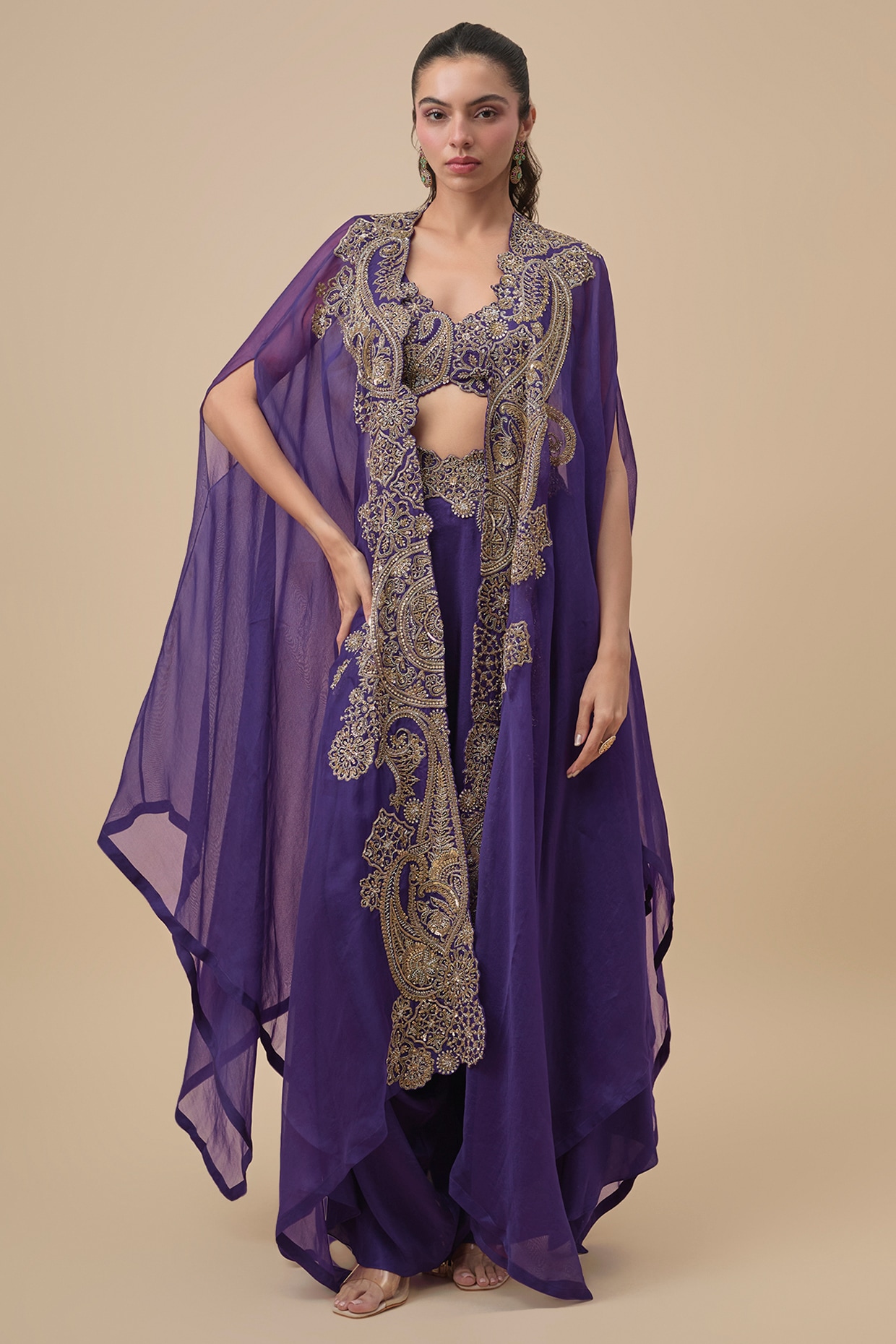Mrunalini Rao Purple Organza Zardosi Embroidered Cape Set