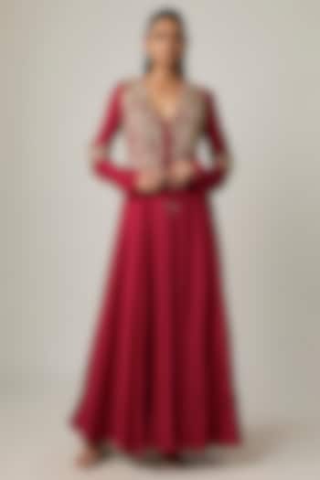 Maroon Silk Zardosi Embroidered Bridal Anarkali Set by Mrunalini Rao at Pernia's Pop Up Shop