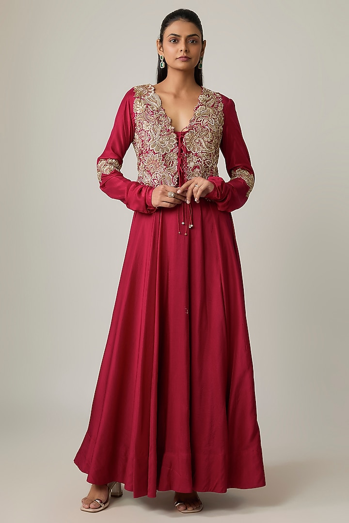 Maroon Silk Zardosi Embroidered Bridal Anarkali Set by Mrunalini Rao at Pernia's Pop Up Shop