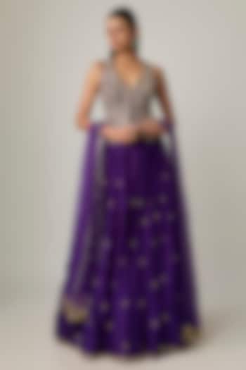 Purple Silk Zardosi & Pearl Embroidered Bridal Lehenga Set by Mrunalini Rao at Pernia's Pop Up Shop
