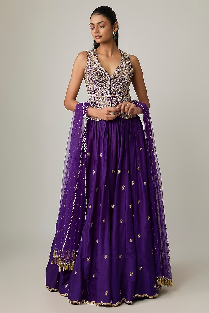 Purple Silk Zardosi & Pearl Embroidered Bridal Lehenga Set by Mrunalini Rao at Pernia's Pop Up Shop