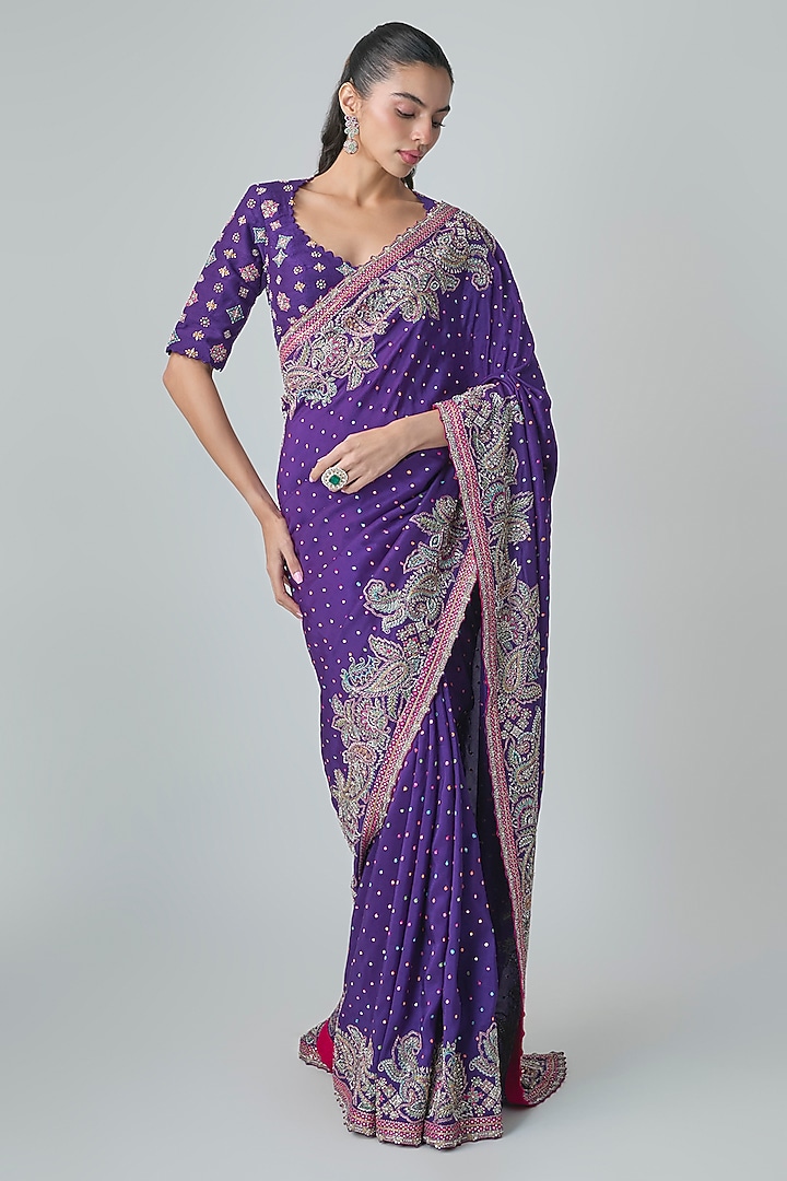 Purple Silk Bandhani Printed Bridal Saree Set by Mrunalini Rao at Pernia's Pop Up Shop
