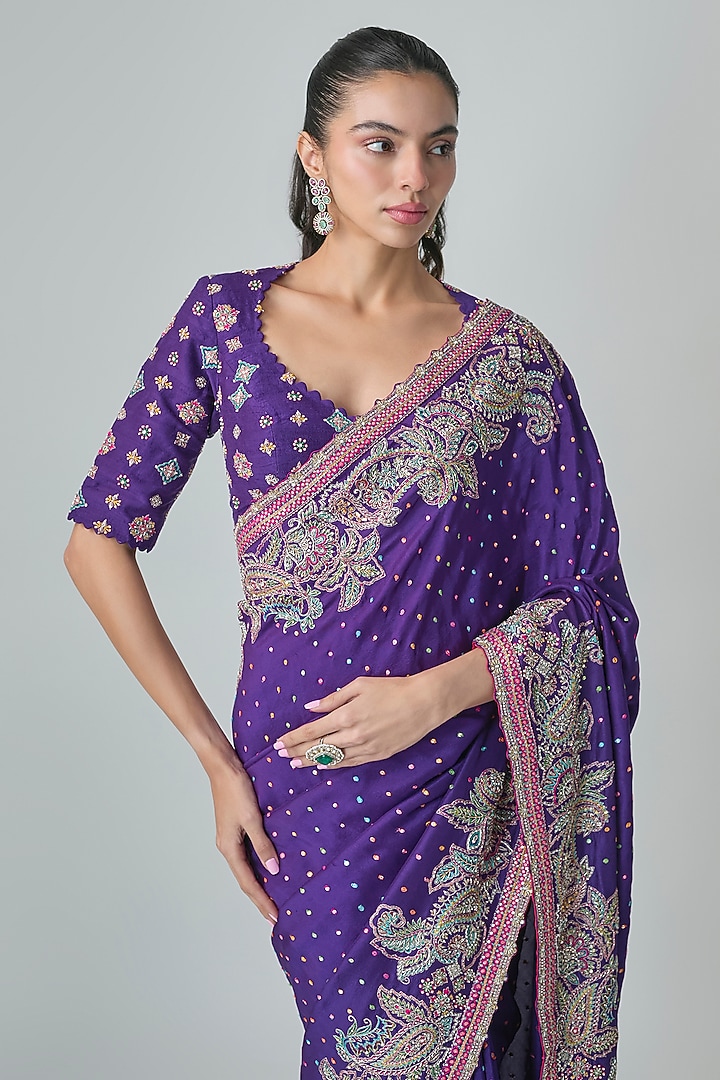 Purple Silk Bandhani Printed Bridal Saree Set by Mrunalini Rao at Pernia's Pop Up Shop