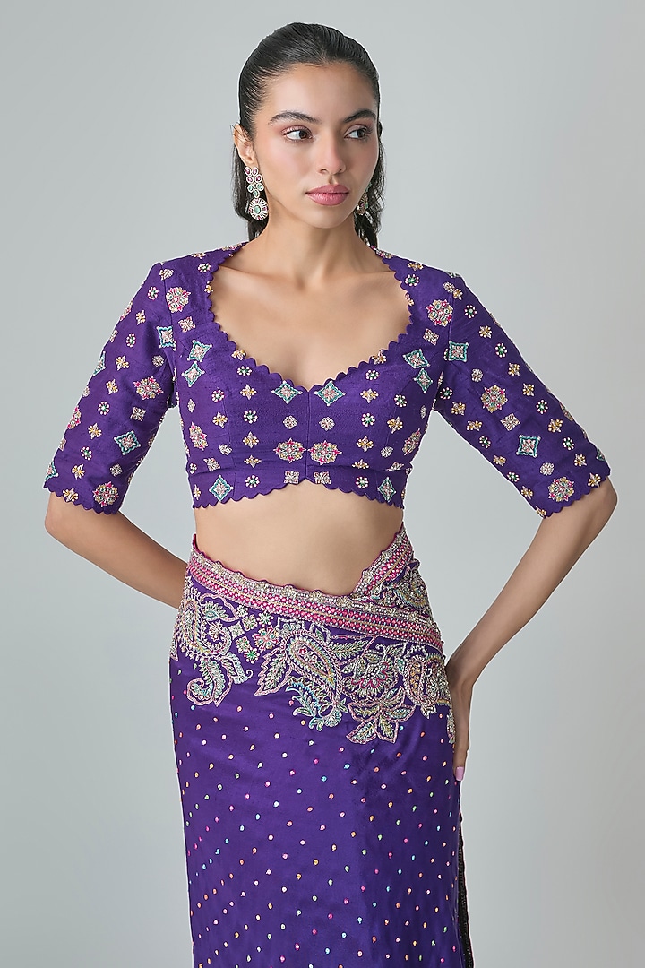 Purple Silk Bandhani Printed Bridal Saree Set by Mrunalini Rao at Pernia's Pop Up Shop