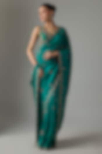 Rama Green Satin Silk Zardosi Embroidered Reception Saree Set by Mrunalini Rao at Pernia's Pop Up Shop