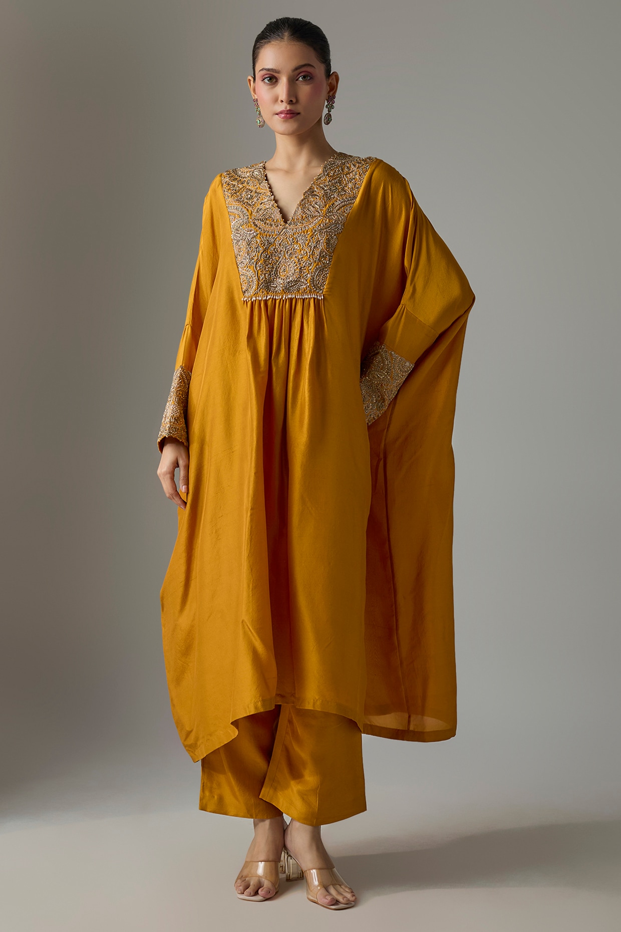 Mrunalini Rao Yellow Silk Zardosi Embroidered Kurta Set