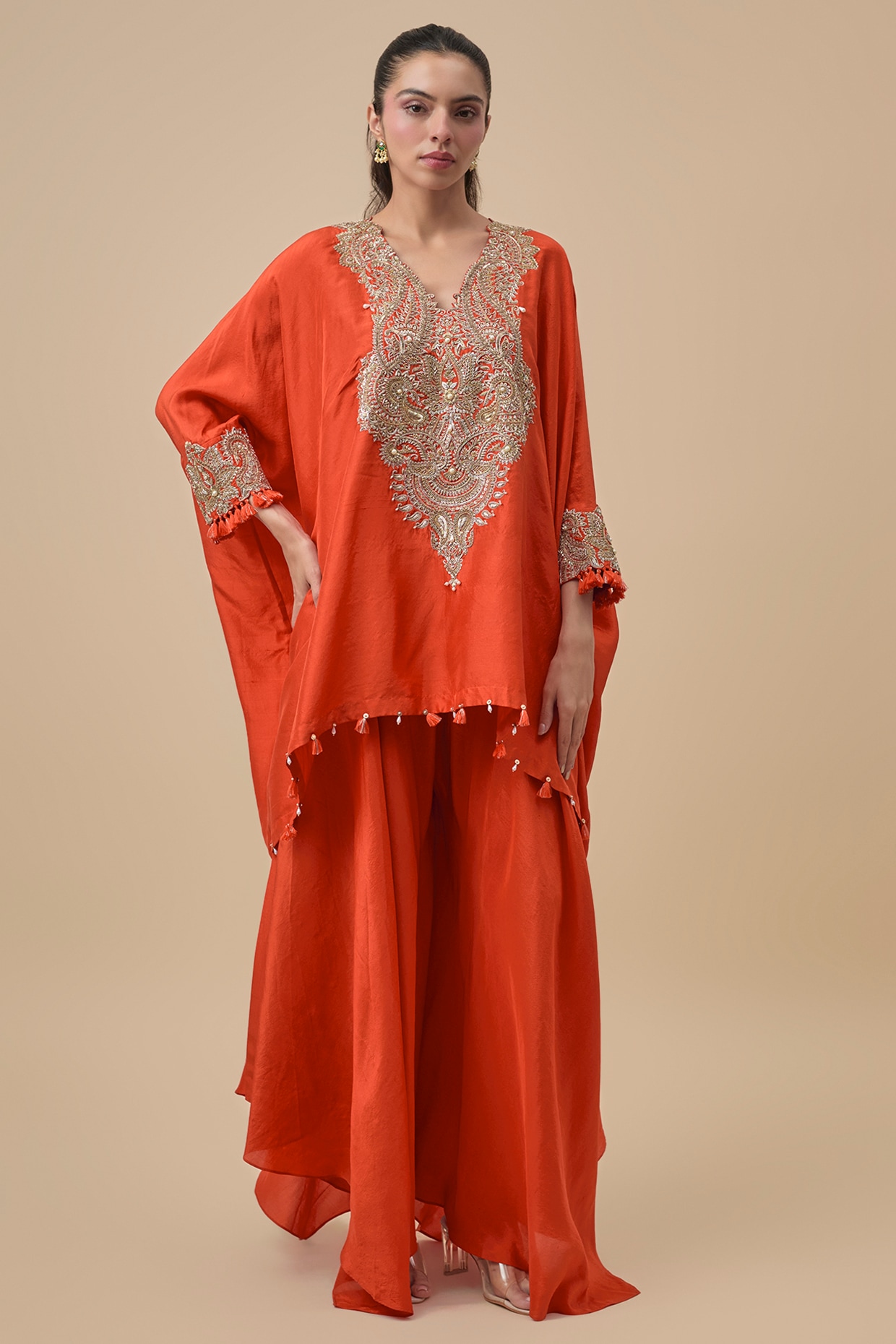 Mrunalini Rao Orange Silk Zardosi Embroidered Kaftan Set