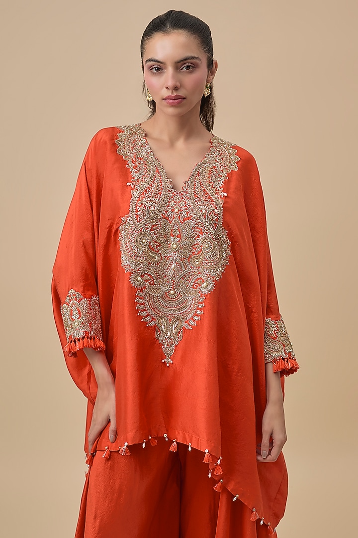 Orange Silk Zardosi Embroidered Kaftan Set by Mrunalini Rao at Pernia's Pop Up Shop