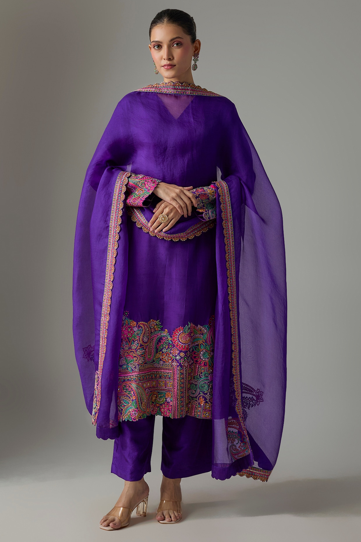 Mrunalini Rao Purple Silk Paisley Embroidered Kurta Set