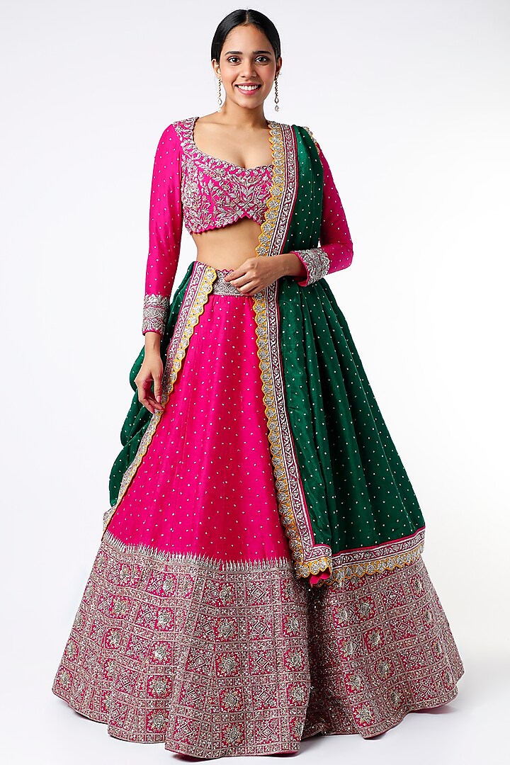 Fuchsia Embroidered Lehenga Set by Mrunalini Rao