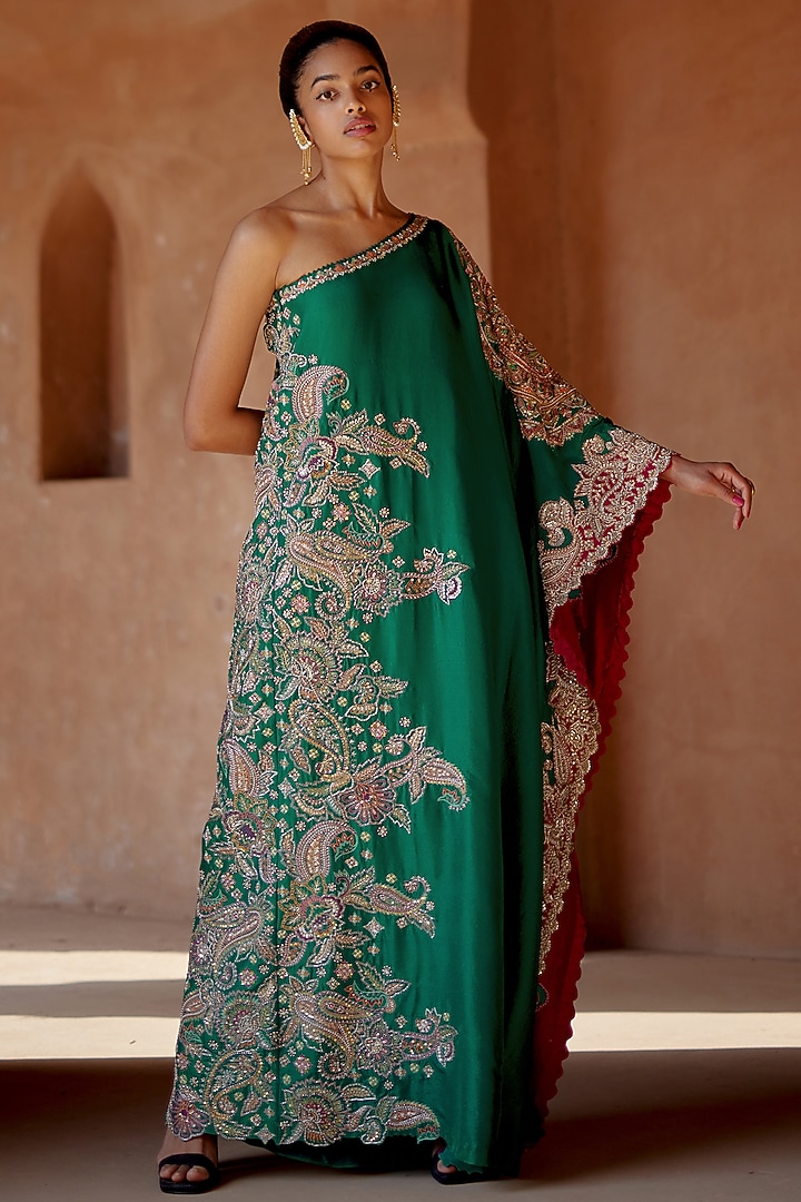 Rama Green Pure Silk Embroidered Kaftan Party Wear Dress by Mrunalini Rao at Pernia's Pop Up Shop