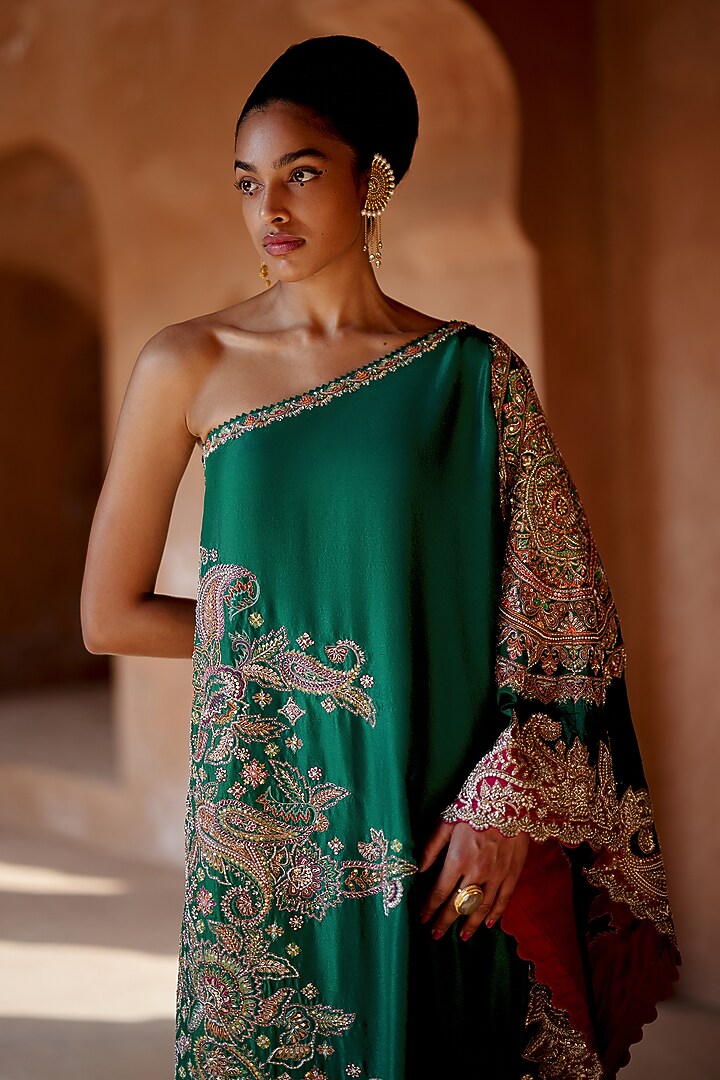 Rama Green Pure Silk Embroidered Kaftan Party Wear Dress by Mrunalini Rao at Pernia's Pop Up Shop