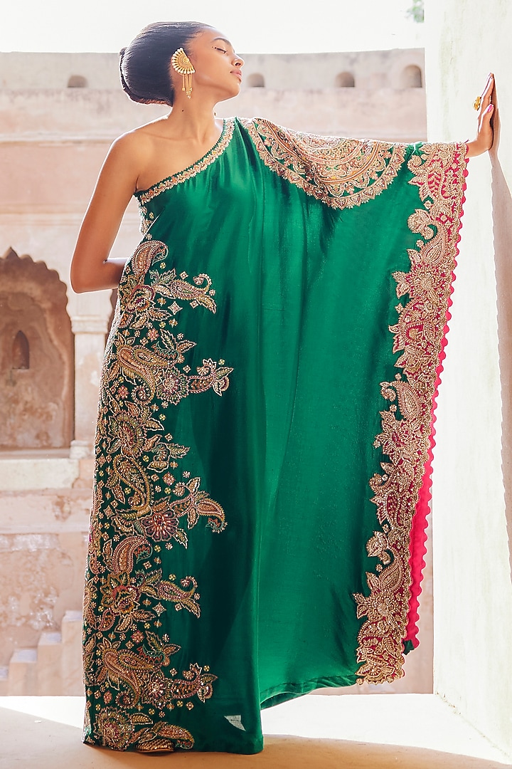 Rama Green Pure Silk Embroidered Kaftan Party Wear Dress by Mrunalini Rao at Pernia's Pop Up Shop