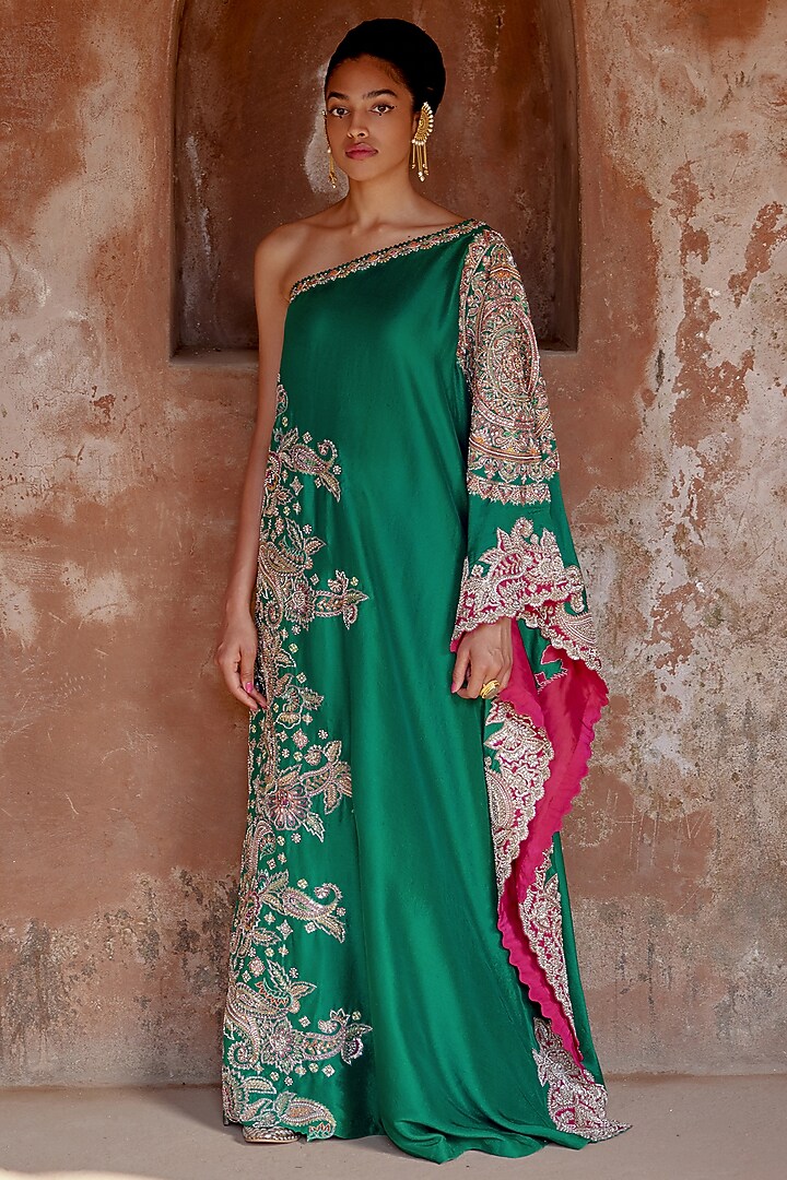 Rama Green Pure Silk Embroidered Kaftan Party Wear Dress by Mrunalini Rao at Pernia's Pop Up Shop