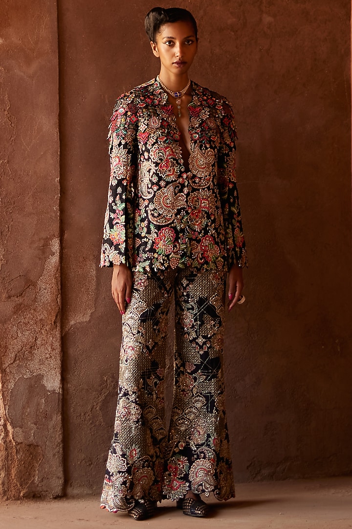 Black Raw Silk Embroidered Jacket Set by Mrunalini Rao at Pernia's Pop Up Shop