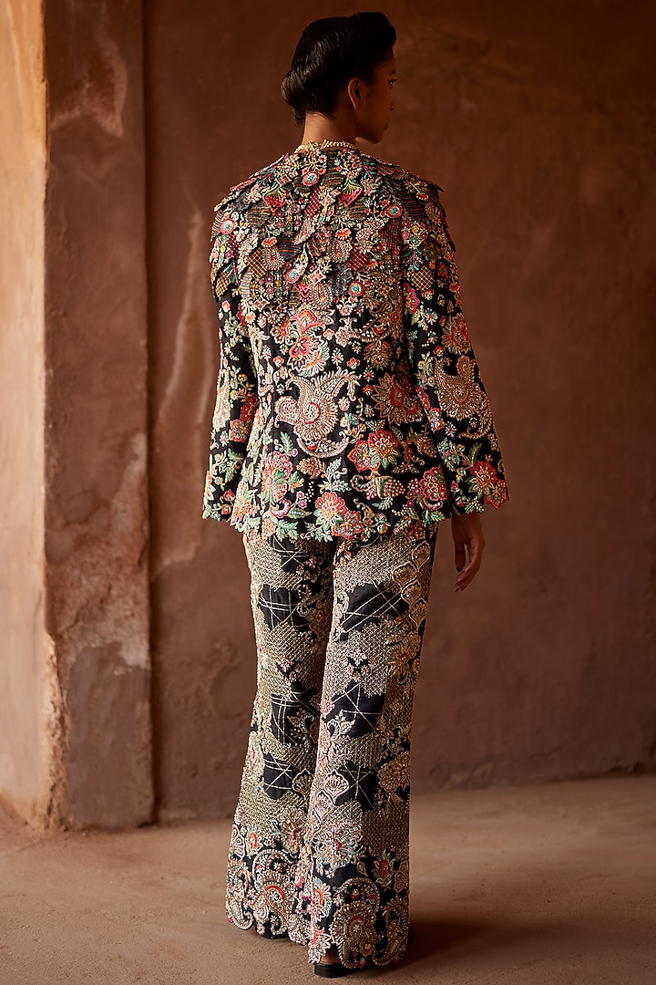 Black Raw Silk Embroidered Jacket Set by Mrunalini Rao at Pernia's Pop Up Shop