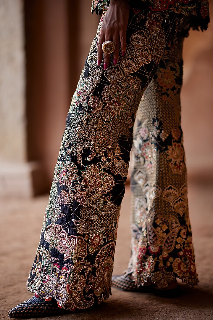 Black Raw Silk Embroidered Jacket Set by Mrunalini Rao at Pernia's Pop Up Shop