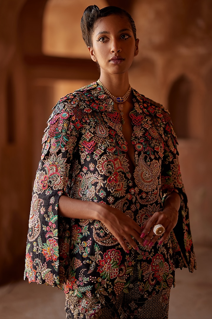 Black Raw Silk Embroidered Jacket Set by Mrunalini Rao at Pernia's Pop Up Shop