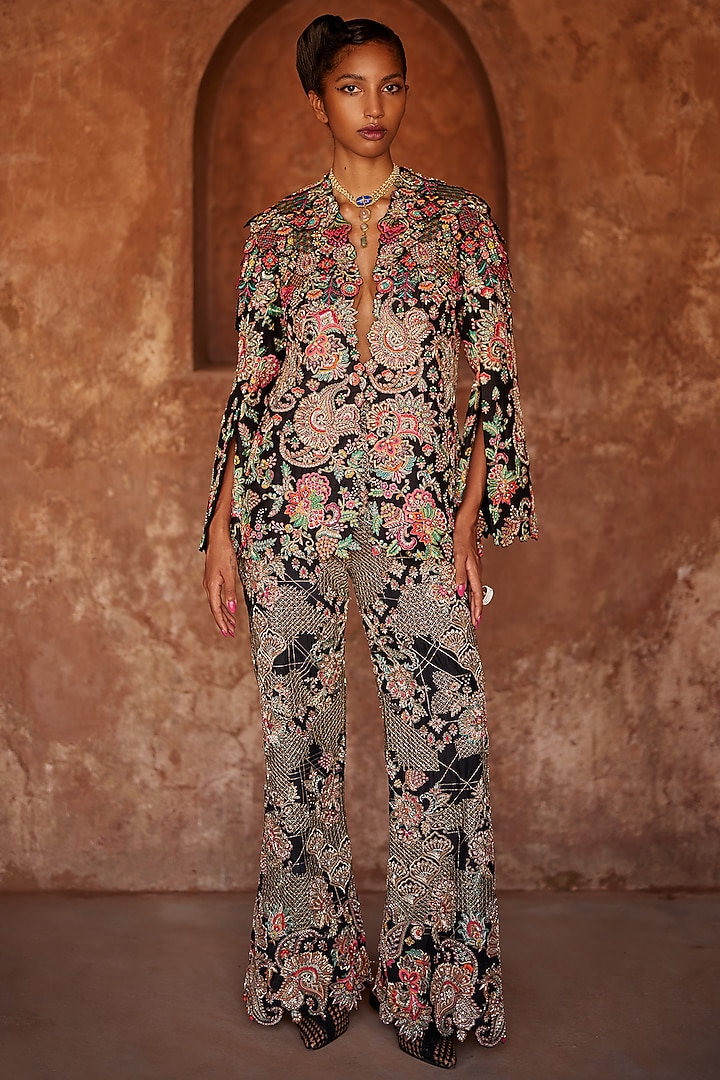 Black Raw Silk Embroidered Jacket Set by Mrunalini Rao at Pernia's Pop Up Shop