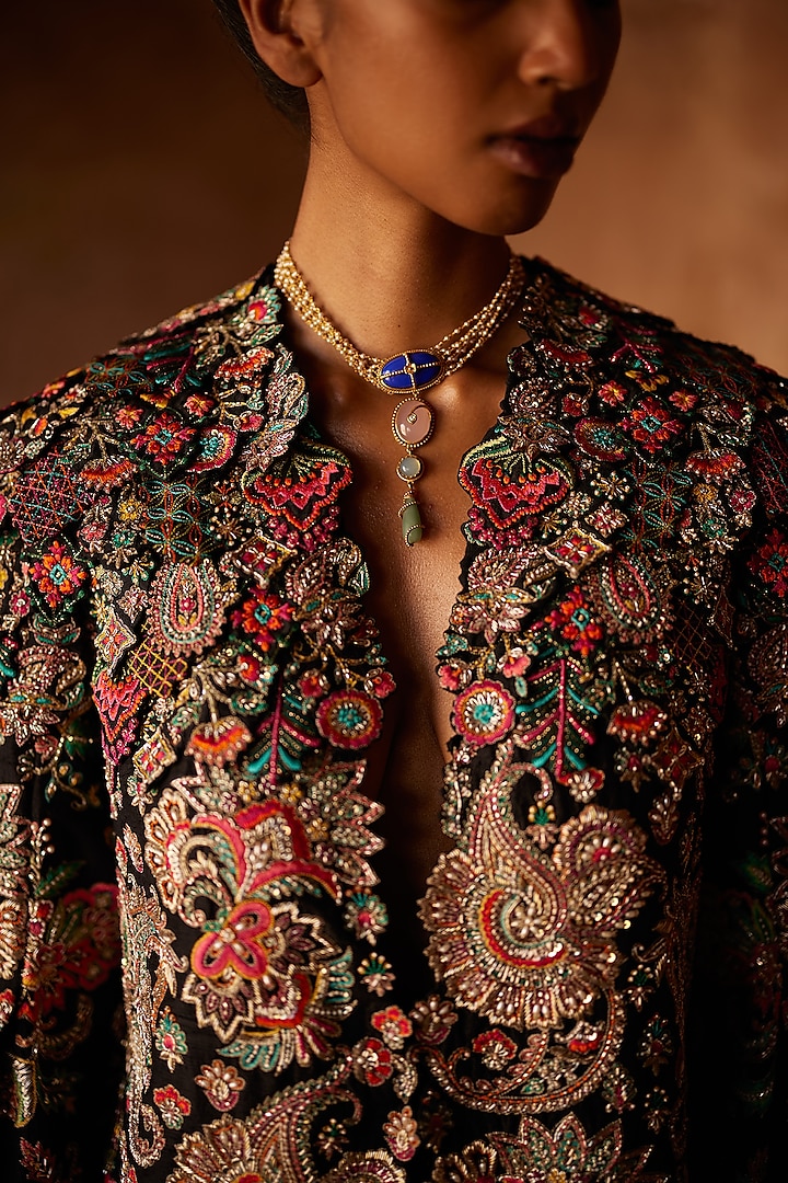 Black Raw Silk Embroidered Jacket Set by Mrunalini Rao at Pernia's Pop Up Shop