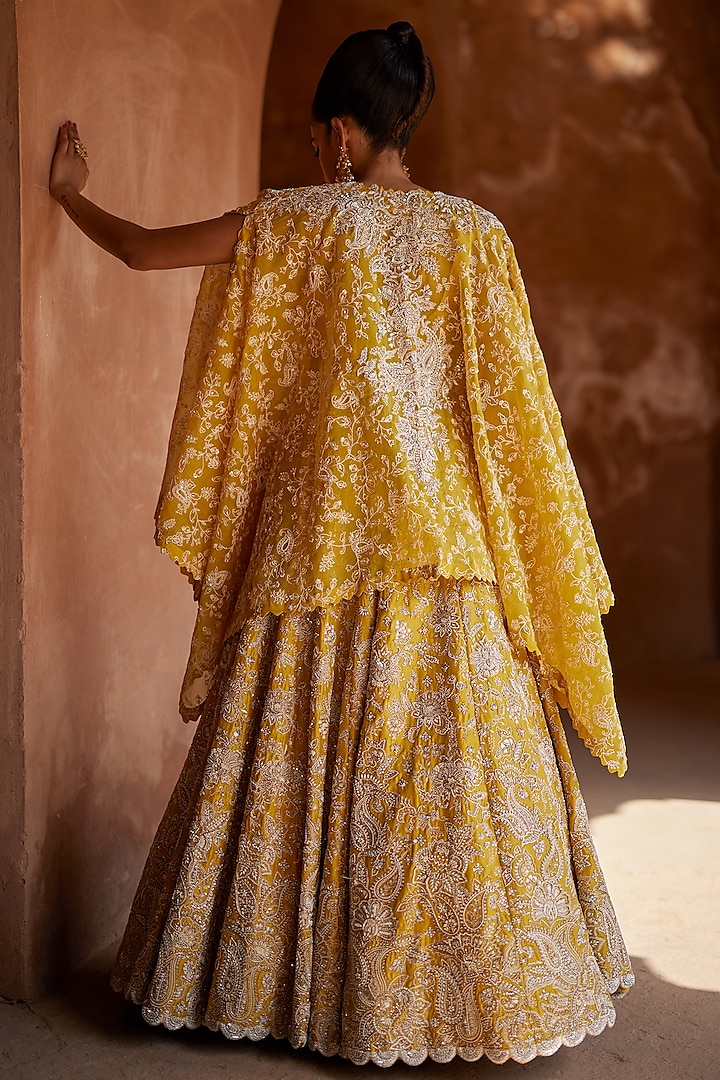 Mustard Yellow Pure Silk & Organza Embroidered Jacket Bridal Lehenga Set by Mrunalini Rao at Pernia's Pop Up Shop