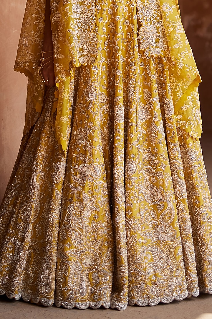 Mustard Yellow Pure Silk & Organza Embroidered Jacket Bridal Lehenga Set by Mrunalini Rao at Pernia's Pop Up Shop