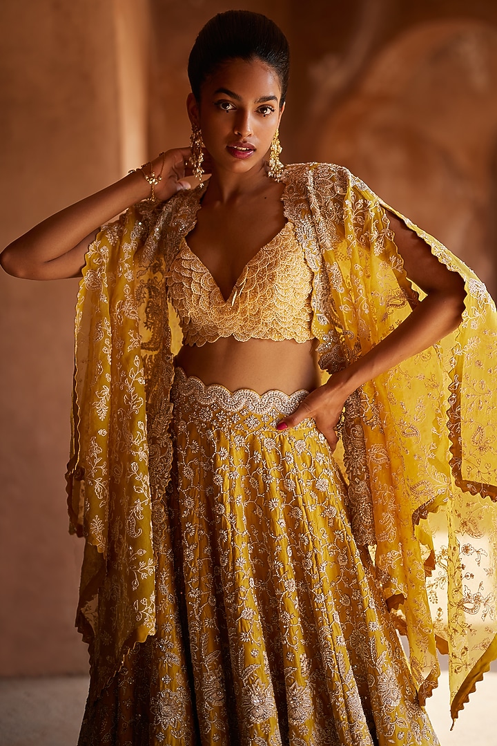Mustard Yellow Pure Silk & Organza Embroidered Jacket Bridal Lehenga Set by Mrunalini Rao at Pernia's Pop Up Shop