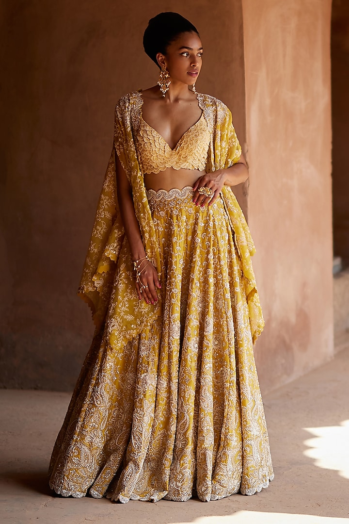 Mustard Yellow Pure Silk & Organza Embroidered Jacket Bridal Lehenga Set by Mrunalini Rao at Pernia's Pop Up Shop
