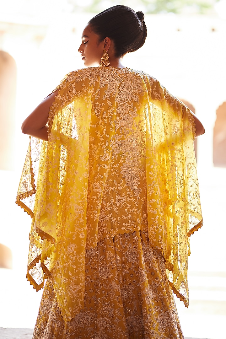Mustard Yellow Pure Silk & Organza Embroidered Jacket Bridal Lehenga Set by Mrunalini Rao at Pernia's Pop Up Shop
