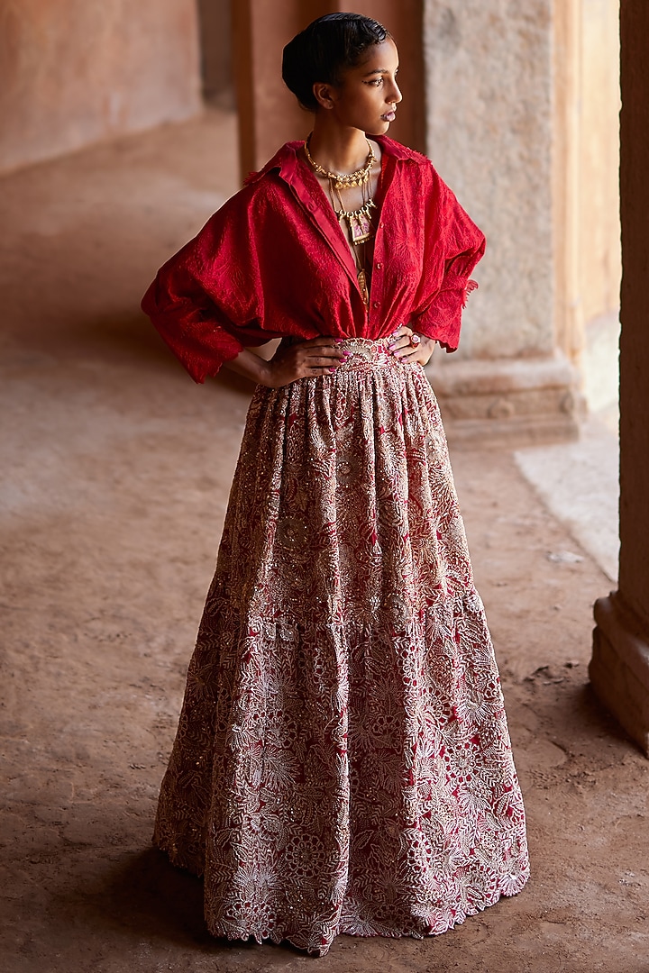 Red Pure Silk Embroidered Bridal Lehenga Set by Mrunalini Rao at Pernia's Pop Up Shop