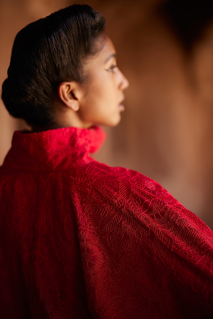 Red Pure Silk Embroidered Bridal Lehenga Set by Mrunalini Rao at Pernia's Pop Up Shop