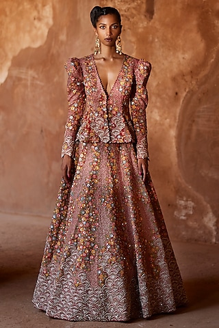 Red Raw Silk Embroidered Jacket Lehenga Set by Mrunalini Rao