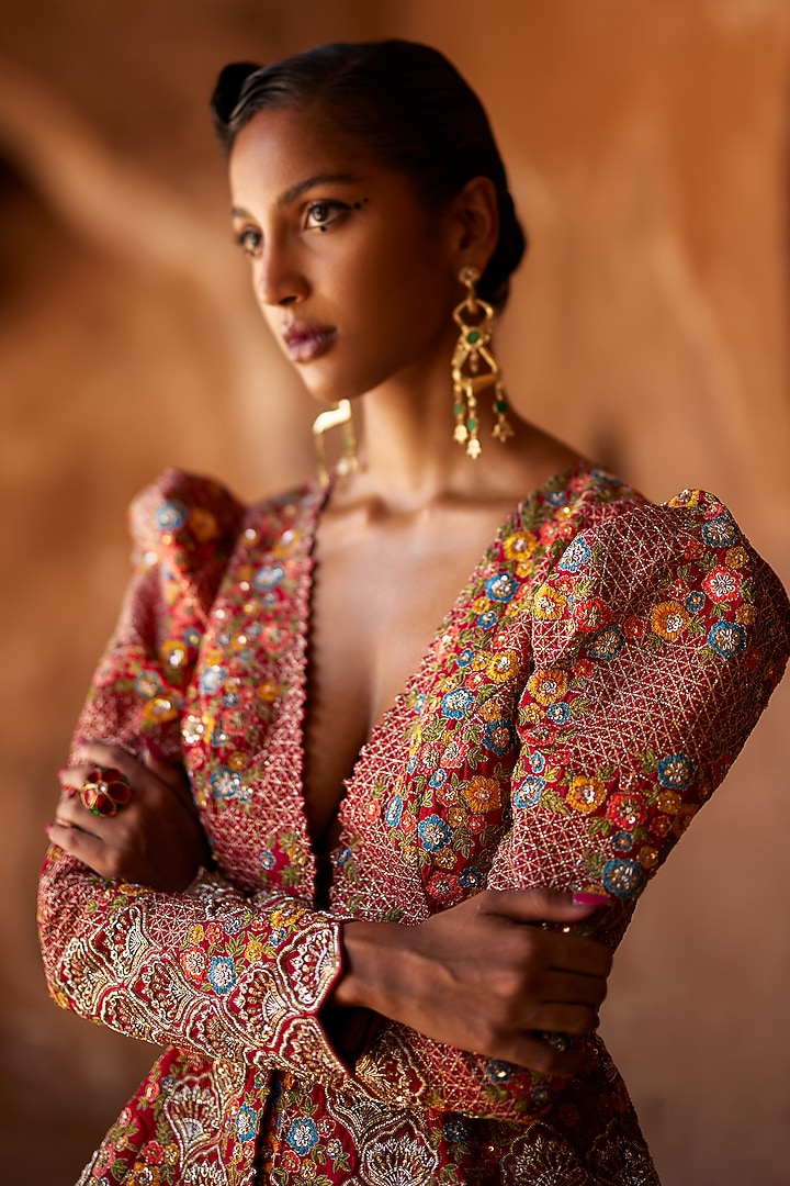 Red Raw Silk Embroidered Jacket Bridal Lehenga Set by Mrunalini Rao at Pernia's Pop Up Shop