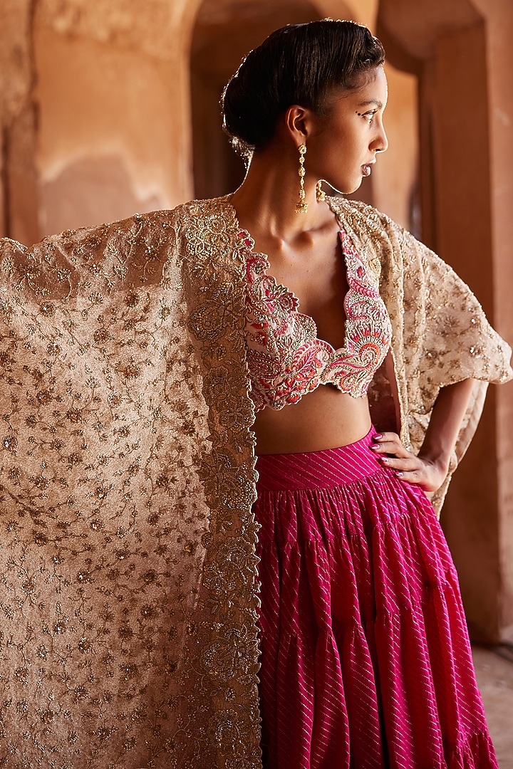 Pink & Beige Matka Silk Embroidered Jacket Bridal Lehenga Set by Mrunalini Rao at Pernia's Pop Up Shop