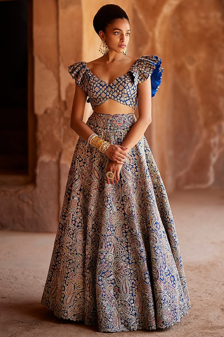 Royal Blue Raw Silk Embroidered Bridal lehenga for 22 Lehenga Set by Mrunalini Rao at Pernia's Pop Up Shop