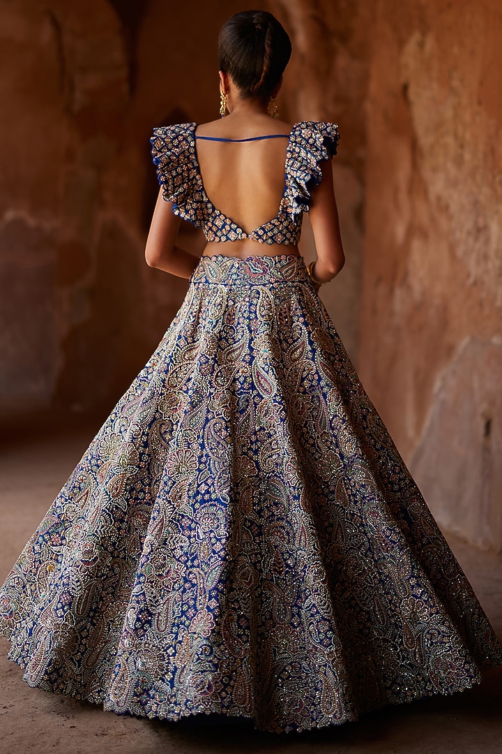 Royal Blue Raw Silk Embroidered Bridal Lehenga Set by Mrunalini Rao at Pernia's Pop Up Shop