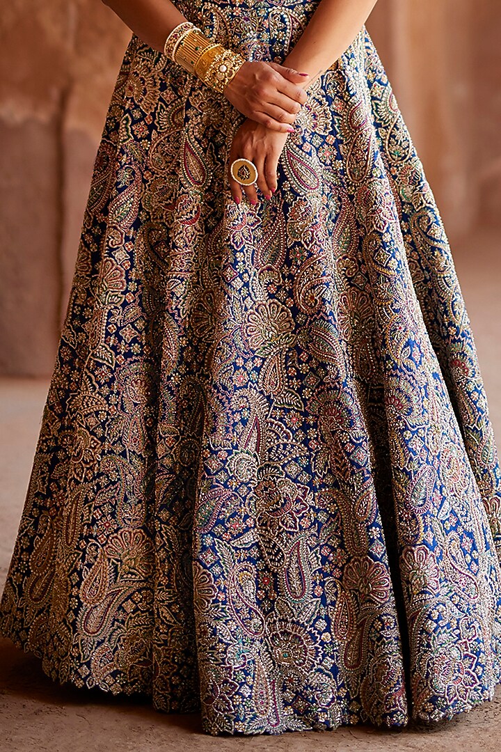 Royal Blue Raw Silk Embroidered Bridal Lehenga Set by Mrunalini Rao at Pernia's Pop Up Shop