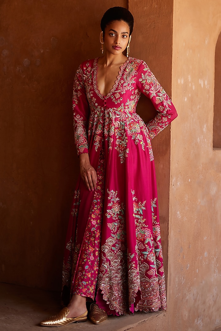 Pink Pure Silk Embroidered Anarkali Set by Mrunalini Rao
