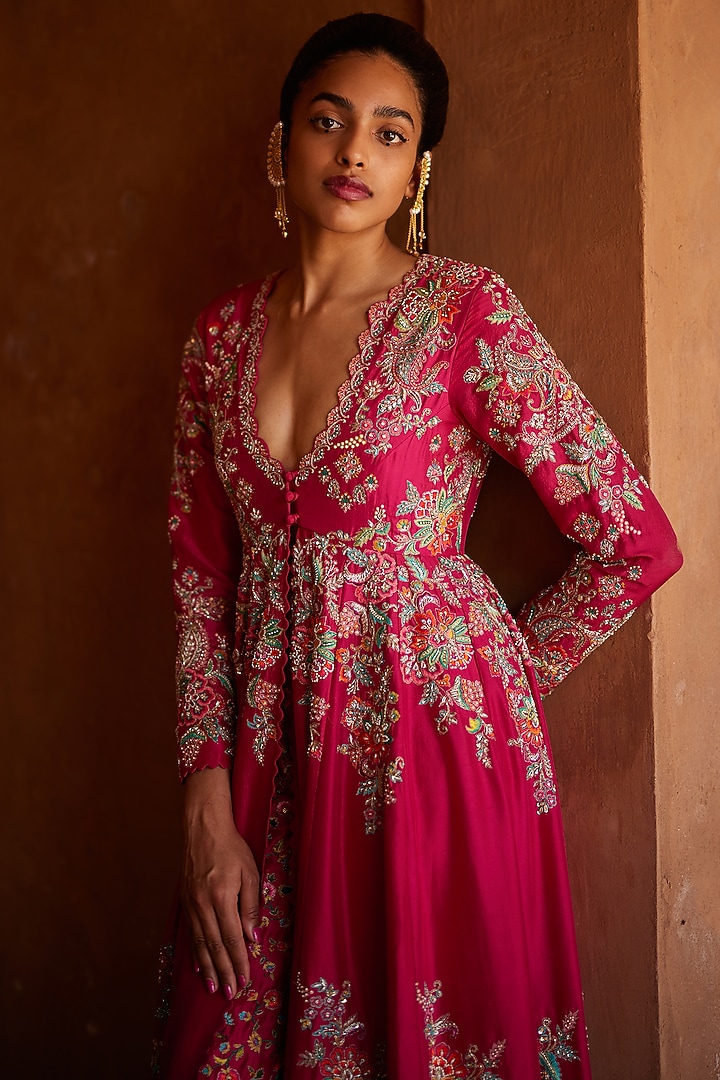Pink Pure Silk Embroidered Bridal Anarkali Set by Mrunalini Rao at Pernia's Pop Up Shop