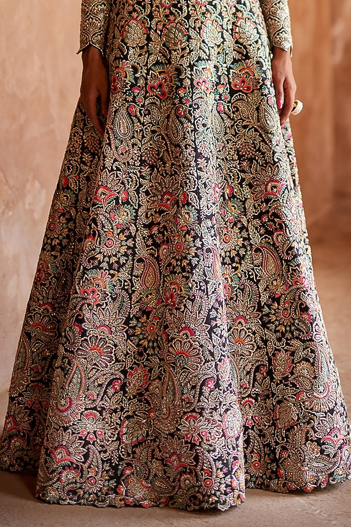 Beige & Black Raw Silk Embroidered Jacket Bridal Lehenga Set by Mrunalini Rao at Pernia's Pop Up Shop