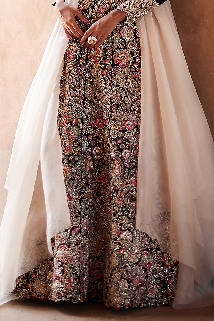 Beige & Black Raw Silk Embroidered Jacket Bridal Lehenga Set by Mrunalini Rao at Pernia's Pop Up Shop