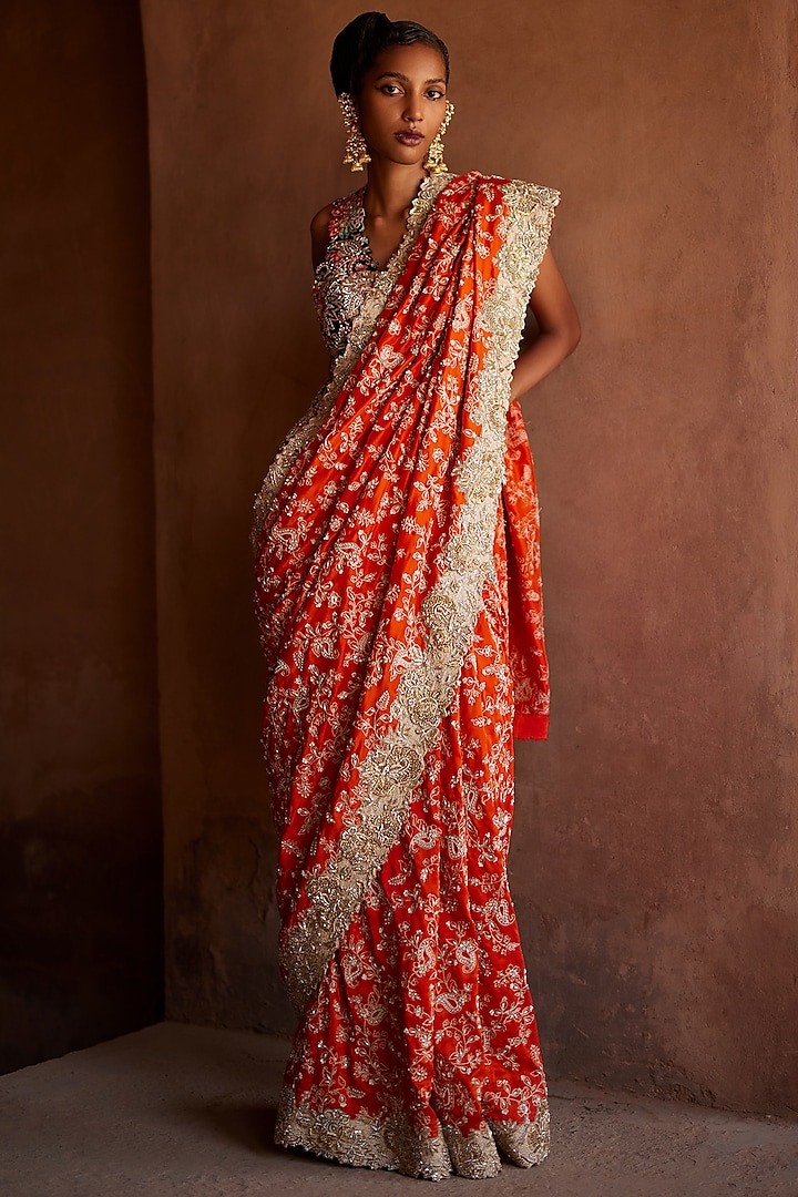 Orange Pure Silk Embroidered Saree Set by Mrunalini Rao