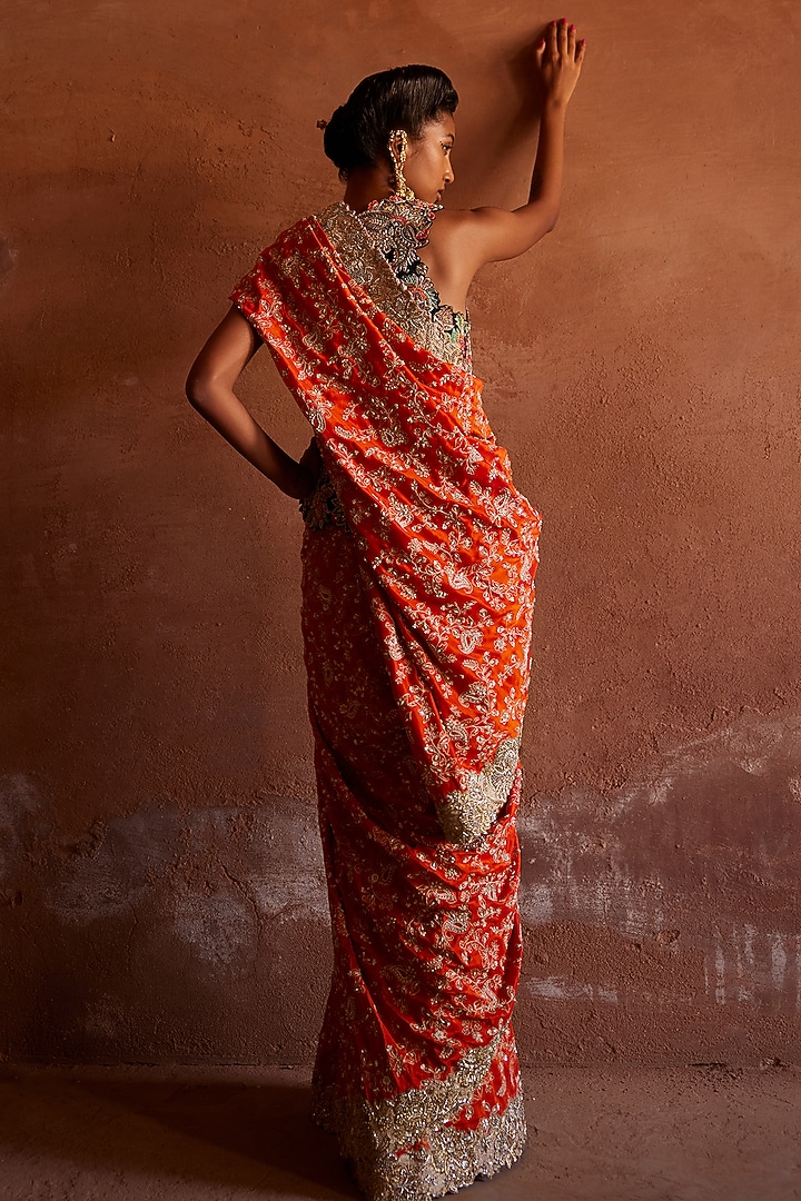 Orange Pure Silk Embroidered Bridal Saree by Mrunalini Rao at Pernia's Pop Up Shop