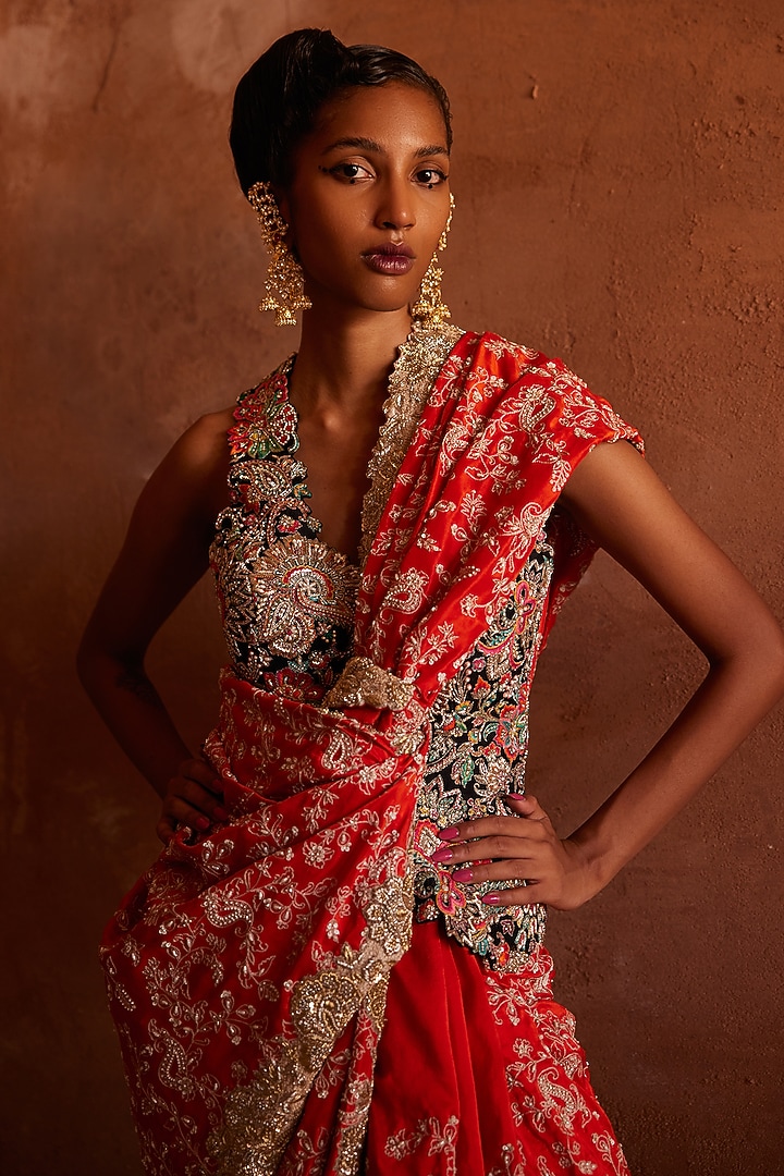 Orange Pure Silk Embroidered Bridal Saree by Mrunalini Rao at Pernia's Pop Up Shop