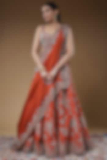 Orange Raw Silk & Satin Organza Zardosi Embroidered Bridal Lehenga Set by Mrunalini Rao at Pernia's Pop Up Shop