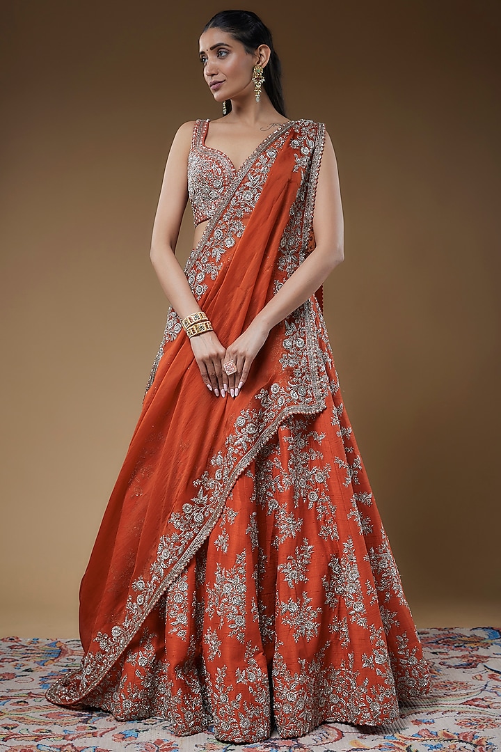 Orange Raw Silk & Satin Organza Zardosi Embroidered Bridal Lehenga Set by Mrunalini Rao at Pernia's Pop Up Shop