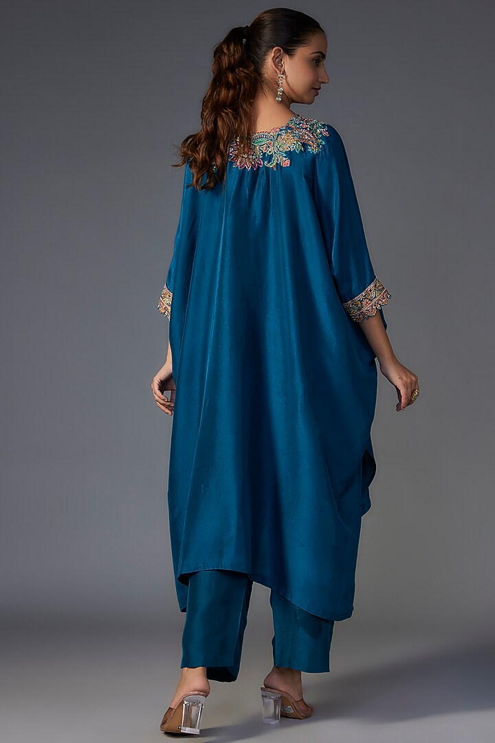 Teal Pure Silk Zardosi Embroidered Kaftan Set by Mrunalini Rao at Pernia's Pop Up Shop