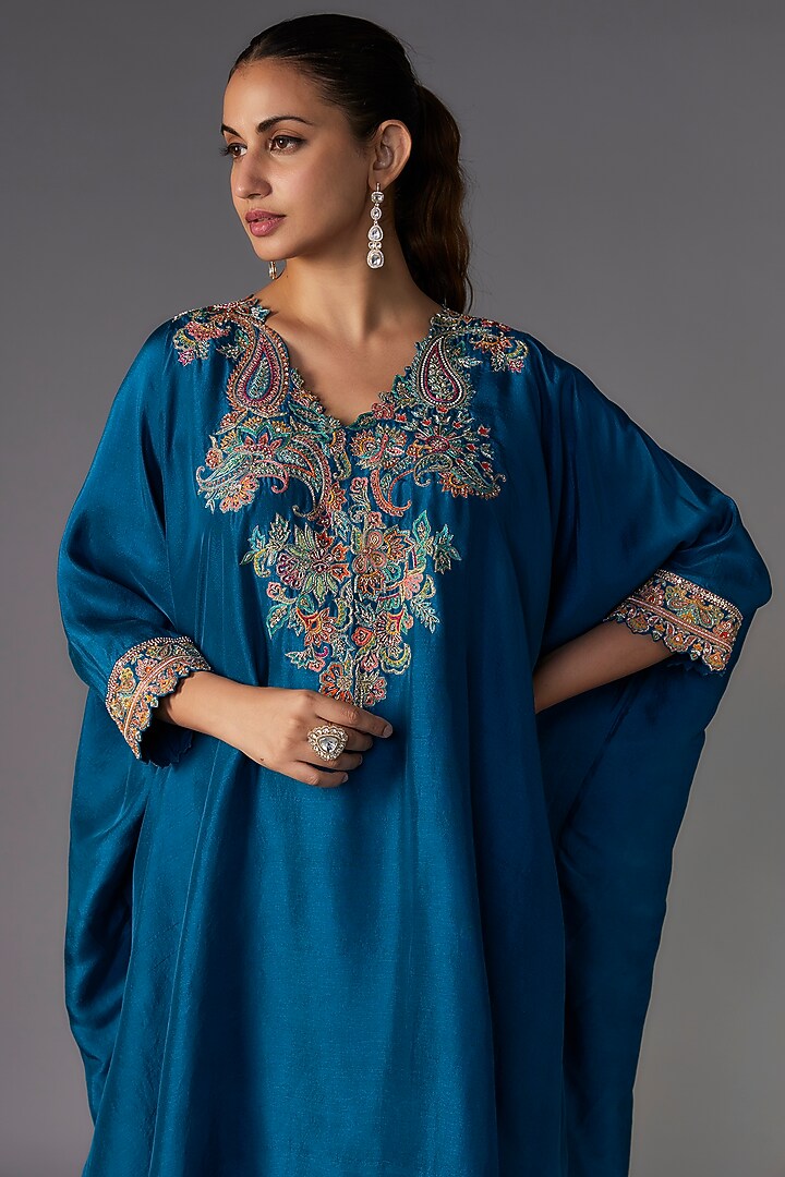 Teal Pure Silk Zardosi Embroidered Kaftan Set by Mrunalini Rao at Pernia's Pop Up Shop